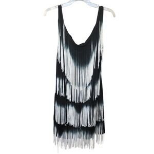 Boston Proper Womens Ombre Fringe Tiered Mini Dress Black White Sz 16 Boho Swing